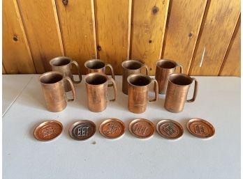 Set Of 8 American Metalcraft Copper Mugs And 6 Coasters