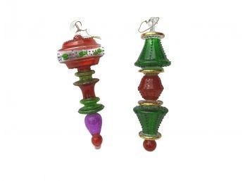 Pair Of Handmade Red & Green Art Glass Christmas Tree Ornaments