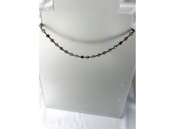 Vintage Italian Sterling Silver Necklace With Multicolor Heart Shaped Gemstones