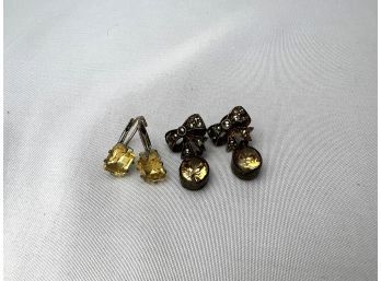 Two Pairs Of Vintage Sterling Silver Earrings With Yellow Stones