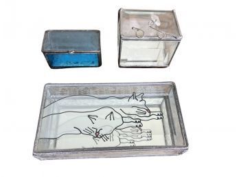 Trio Of Stained Glass Trinket Boxes, One With A Cat Design