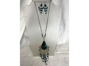 Deep Turquoise Large Teardrop Stone Necklace With Matching Dangly Earrings