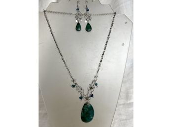 Dark Turquoise Necklace & Earrings Set With Large Polished Cabochon