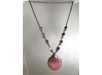 Pink Agate Medallion Necklace With Silver Spirals