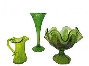 Trio Of Vintage Green Glass Items