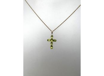 14k Gold Pendant Necklace, Crucifix With Peridot Stones