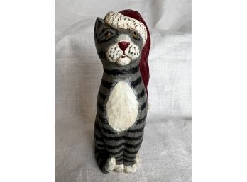 Handmade Folk Art Christmas Cat Carved Wood Figurine