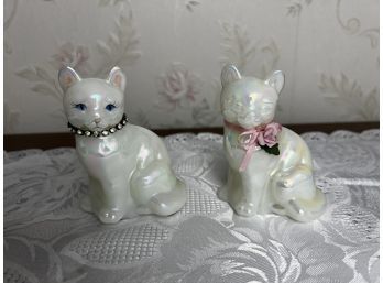 Duo Of Fenton White Carnival Glass Cat Figurines