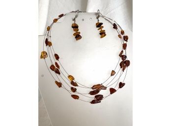 Genuine Baltic Amber & Wire Necklace With Earrings