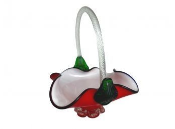 Murano Art Glass Basket Form Candy Dish In Red, Green & White