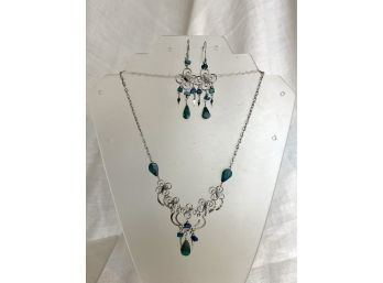 Necklace &  Earrings Set With Natural Turquoise Stones