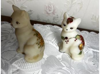 Duo Of Vintage Fenton Hand-painted Cat Figurines, Including One With Christmas Theme
