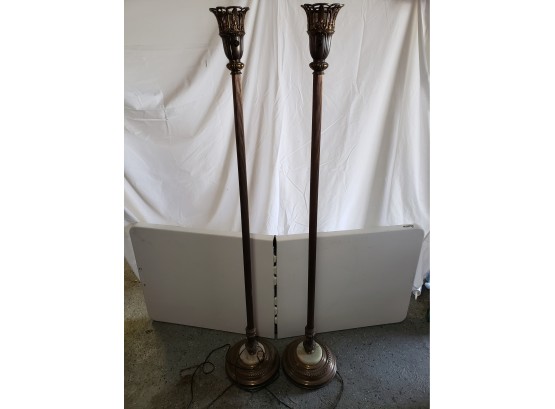 Pair Of Antique Brass And Marble Base Floor Lamps