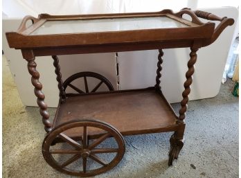 Antique Oak  Spindle Leg Glass Top Tea Cart