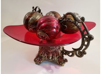 Cranberry Glass And Cast Metal Centerpiece
