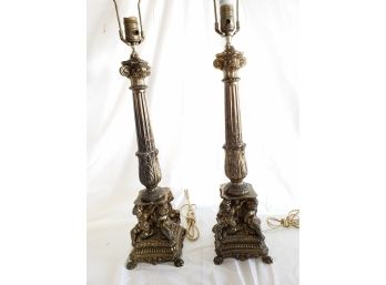 Pair Of Antique Brass Cherub Table Lamps