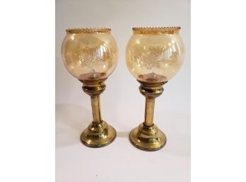 Pair Of Brass Candlesticks With Amber Glass Globes