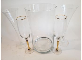 Glass Wine Or Champagne Chiller And Four Flutes