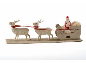 Vintage Plastic Santa In Sleigh With White Reindeer