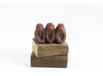 3 Wise Vintage Clay Monkeys-SEE-HEAR-SPEAK No Evil