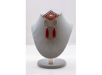 Ruby Red Rhinestone Pin & Ruby Glass Earrings