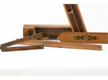 Antique Wood Ink Pen & Pencil Box, Architect's Ruler, Folding 24' Ruler