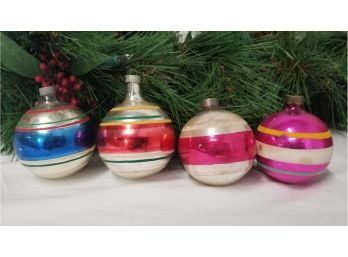 Four Vintage Round Striped Shiny Brite Christmas Tree Ornaments