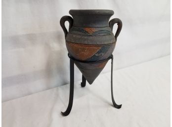Vintage River Junction Pottery Works Handmade Southwest Design Stoneware Vase On Black Metal