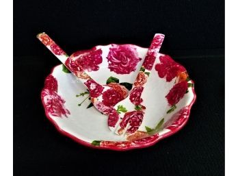 Sur La Table Melamine Floral Roses Scalloped Salad Bowl With Utensils