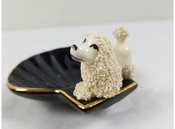 Vintage Black Glazed Ceramic Clam Shaped Ring Dish With Kitschy White Confetti Poodle Dog