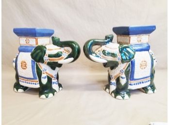 Pair Of Vintage Boho Chic Ceramic Elephant Garden Stool / Plant Stand