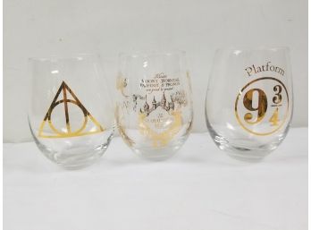 Three Harry Potter Gold Embossed Clear Stemless Wine Glasses