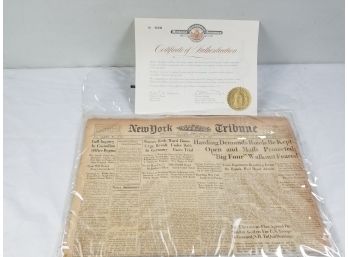 Antique The New York Tribune Historical Newspaper Dated July 12, 1922 - With COA