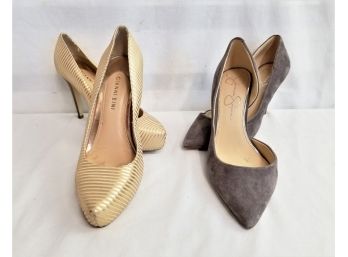 Women's Gianni Bini Gold Striped High Heels  And Jessica Simpson Gray Suede Pumps Sizes 8 - 8.5