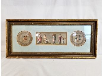 Antique Two Cupid And A Band Triptych Framed Lithograph With Hand Coloring