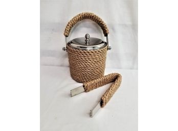 Tommy Bahama Nautical Style Rope Wrapped Ice Bucket With Handle And Tongs