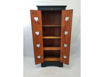 Handmade Hand-Painted Wooden Three Shelf Cabinet With Heart Cut-Out Doors