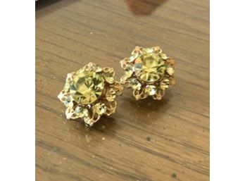 Gutsey Clip  Rhinestone Earrings In Gold Tone, Yellow & Clear Stones