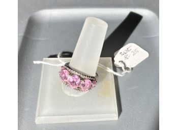 OUSTANDING STERLING RING With 3 Large Pink Stones Flanked On Each Side With Smaller Pink Stones
