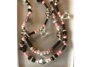 TWO Stand Necklace Of Clear, Pink, Black And Speckeled Beads