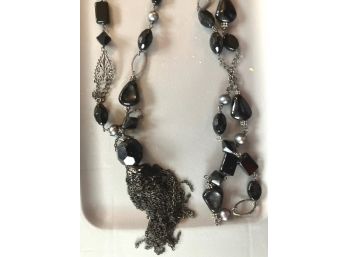 Double Black Beads Necklace With Chain Pendant