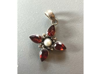 STERLING PENDANT With Reddish Stones And A Pearl In A  Cross Form