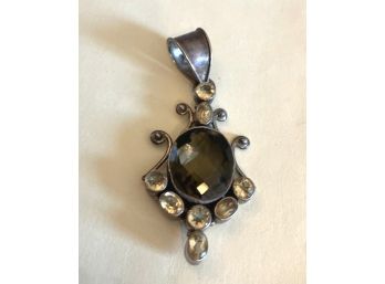 Super Silver Pendant With Huge Smokey Quartz Center Stone  Surrounded By Pale Yelloe Stones