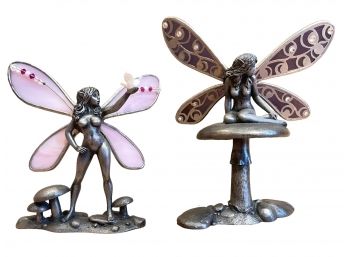 Pair Of Metal And Stain Glass, Erotic Fairies Figurines.