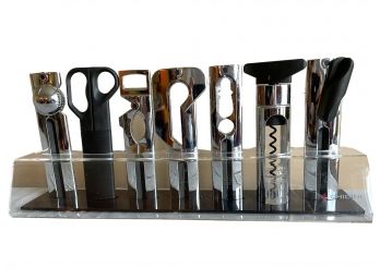 High End Ghidni ( Italy ) Barware Set In A Lucite Stand. Openers, Nutcrackers And More.