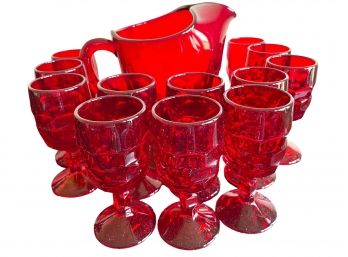 Vintage Ruby Glass, Pitcher And 12 Cups.