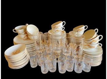Vintage Golden Wheat  China And Glass Set . Setting For 16 , 115 China Pieces And 19 Glasses.