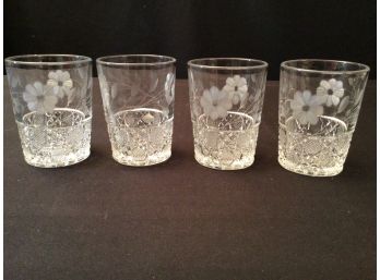 Set Of Four Lovely Antique Etched Drinking Glasses