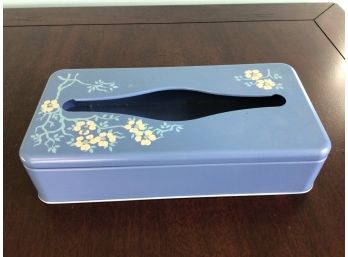 Ransburg Blue Metal Tissue Box Holder With Handpainted Flowers