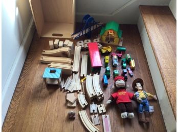 Toy Lot Including Wooden Train Set Curious George And Woody From Toy Story
